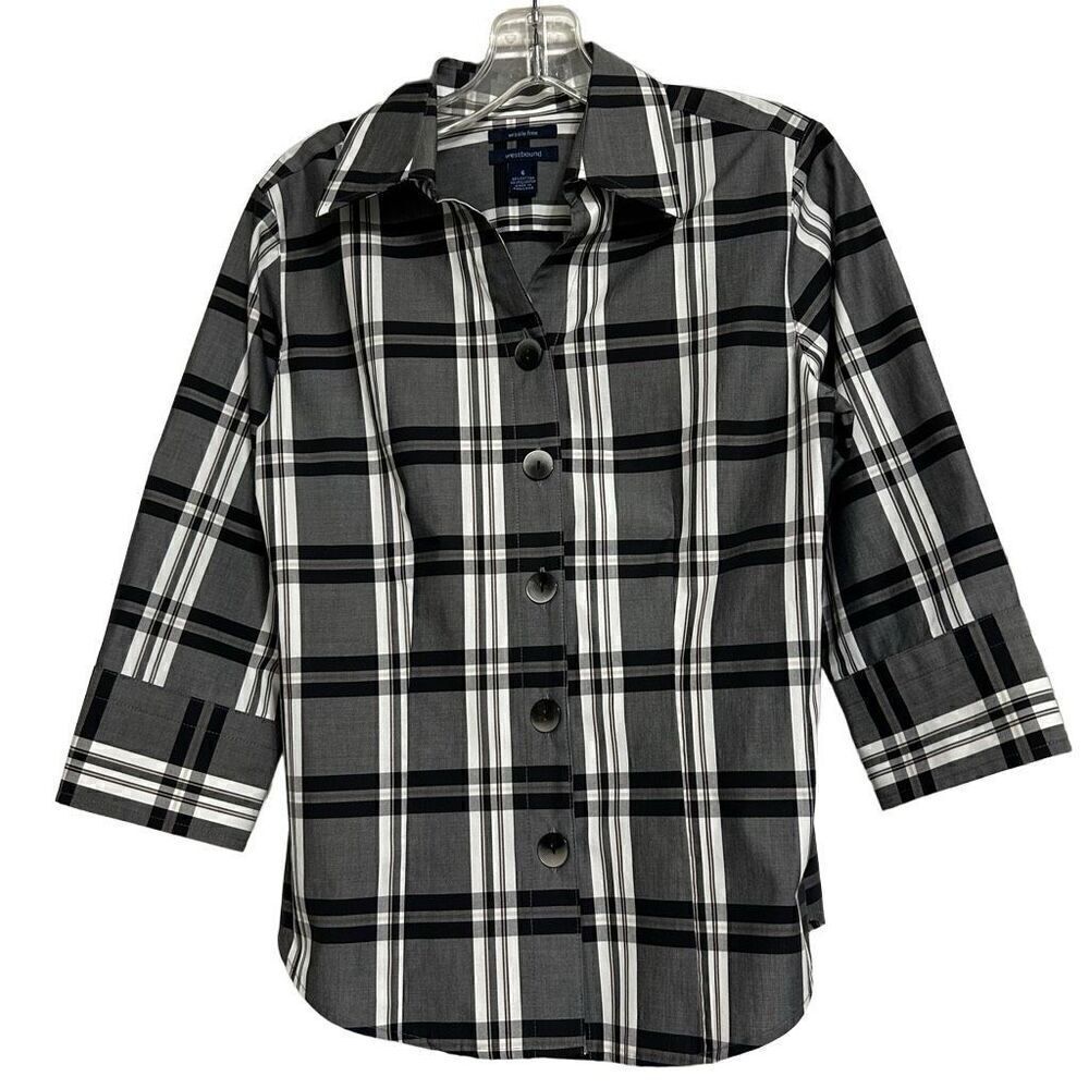 NWOT Westbound Button-Up Shirt Women's Size 6 Gray Black Plaid Wrinkle Free